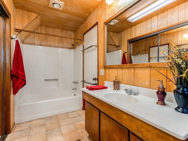 bathroom with wood walls, vanity, and bathing tub / shower combination