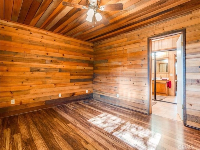 spare room featuring a ceiling fan, wood ceiling, wooden walls, and wood finished floors