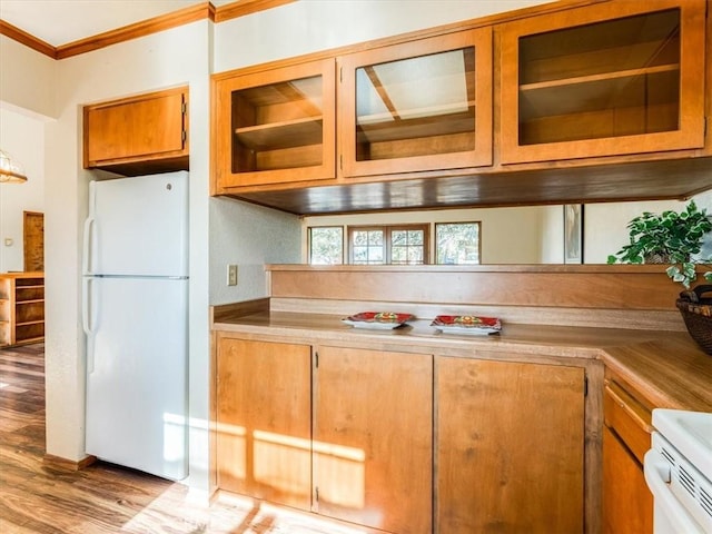 kitchen with light wood finished floors, brown cabinetry, glass insert cabinets, freestanding refrigerator, and crown molding