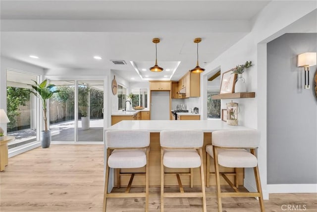 kitchen featuring a sink, a peninsula, light countertops, and visible vents