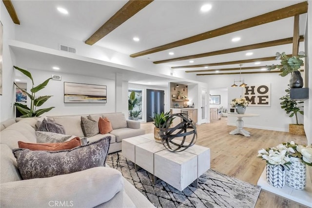 living room featuring recessed lighting, visible vents, beamed ceiling, and wood finished floors