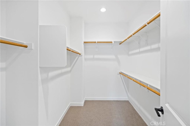 walk in closet with light carpet