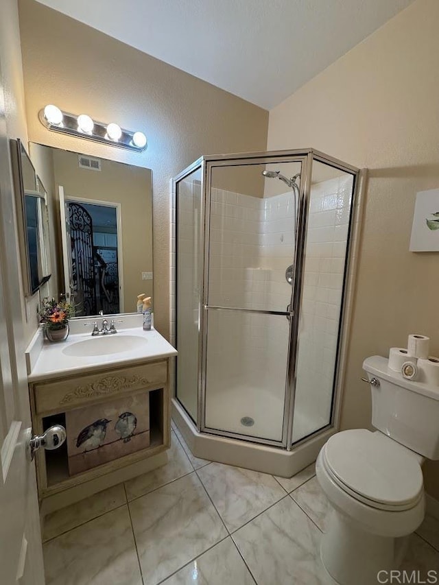 full bathroom with visible vents, a shower stall, toilet, and vanity