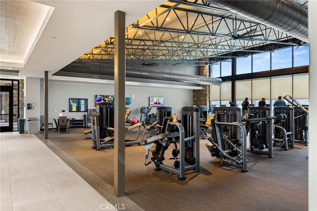 exercise room with carpet flooring and a high ceiling