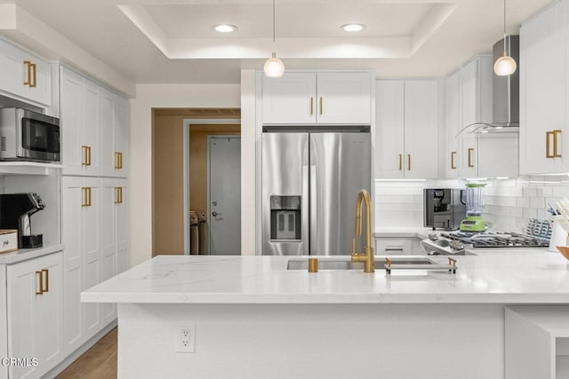 kitchen with a tray ceiling, appliances with stainless steel finishes, backsplash, and wall chimney range hood