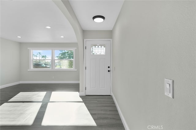 entryway with baseboards, dark wood-type flooring, and a healthy amount of sunlight