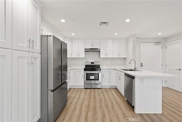 kitchen featuring under cabinet range hood, stainless steel appliances, a peninsula, a sink, and visible vents