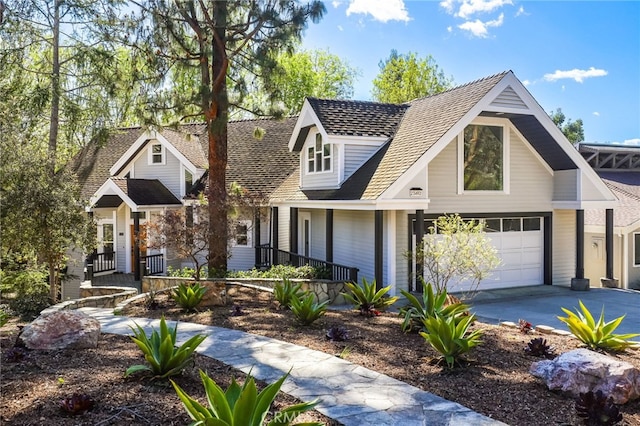 view of front of property with a garage, covered porch, roof with shingles, and driveway