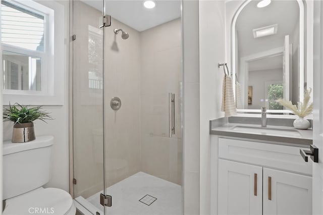 full bathroom with vanity, a shower stall, and toilet