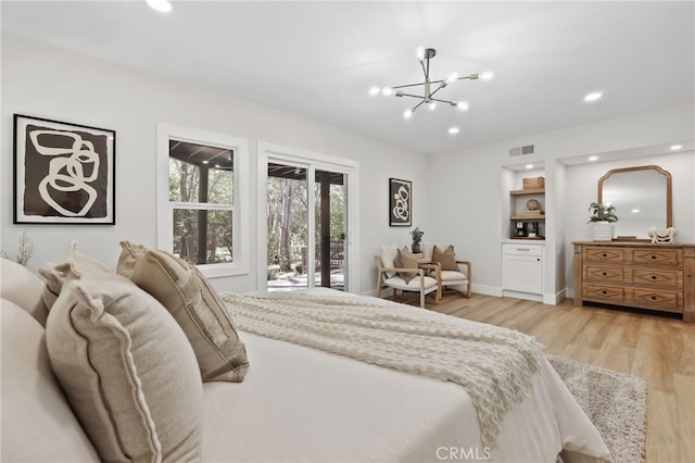 bedroom featuring a chandelier, recessed lighting, visible vents, access to outside, and light wood finished floors