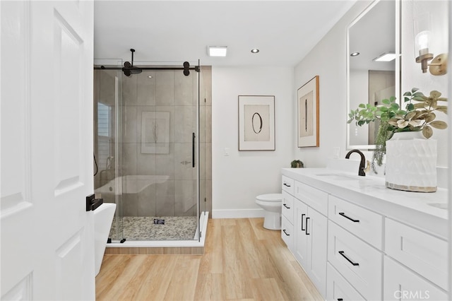 bathroom featuring double vanity, a stall shower, toilet, wood finished floors, and a sink