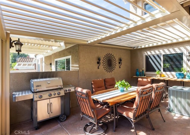 view of patio with outdoor dining area, a grill, a pergola, and central AC unit