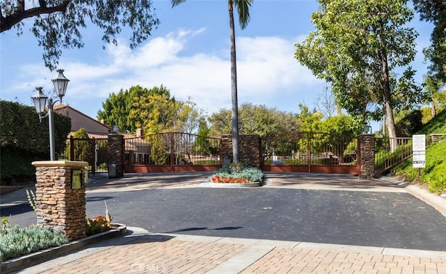 view of street featuring street lights, a gated entry, and a gate