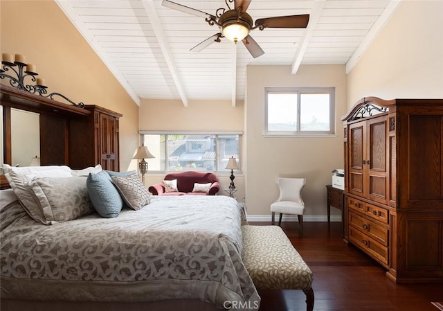 bedroom featuring lofted ceiling with beams, dark wood-style floors, multiple windows, and baseboards