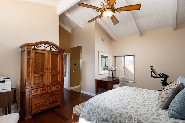 bedroom featuring dark wood-style floors, beam ceiling, visible vents, and baseboards