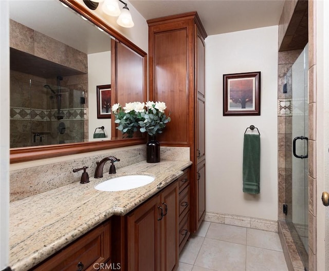 full bath featuring a stall shower, vanity, and tile patterned floors