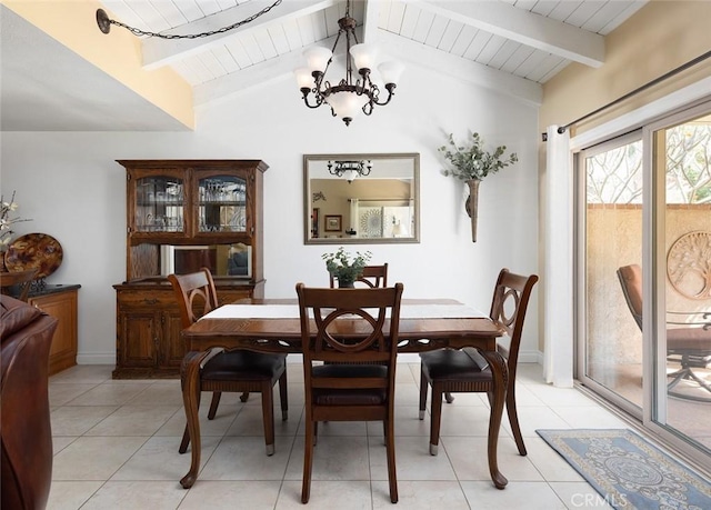 dining area featuring vaulted ceiling with beams, light tile patterned floors, a chandelier, and wood ceiling