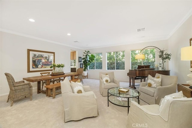 living room with recessed lighting, visible vents, ornamental molding, light carpet, and baseboards