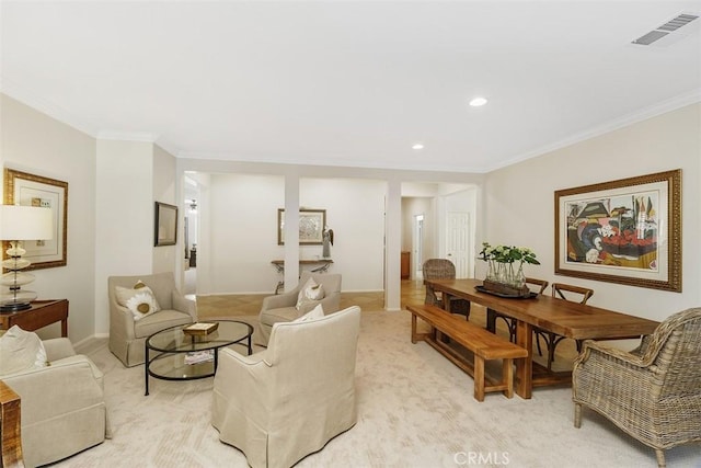 living room featuring crown molding, recessed lighting, and visible vents