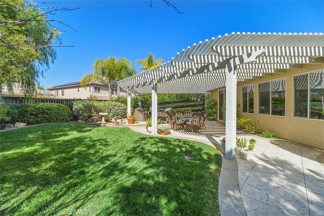 view of yard with a patio, fence, and a pergola