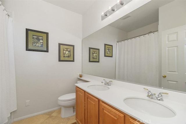 full bath with tile patterned flooring, a sink, toilet, and double vanity