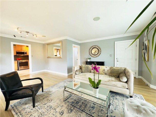 living room featuring light wood-style flooring, baseboards, and crown molding