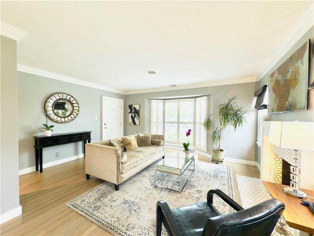 living room featuring crown molding, baseboards, and wood finished floors