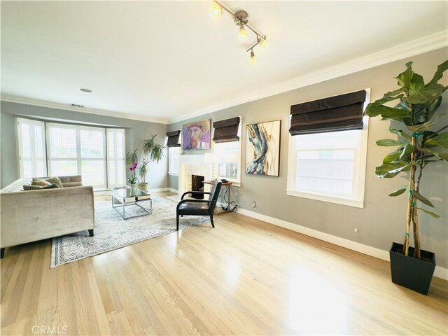 interior space with crown molding, baseboards, and wood finished floors