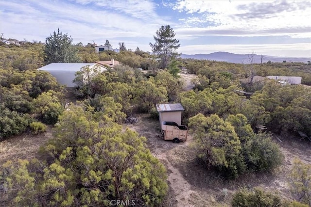 birds eye view of property with a mountain view and a forest view