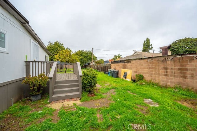 view of yard featuring a fenced backyard and a wooden deck