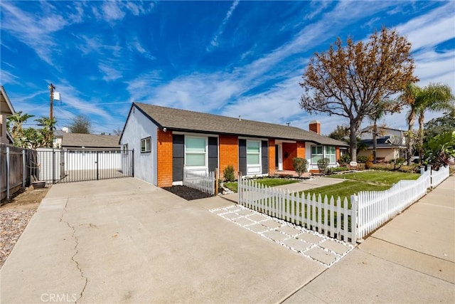 ranch-style house featuring a fenced front yard, brick siding, driveway, a gate, and a chimney