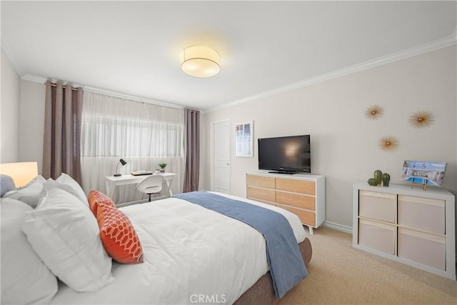 bedroom with light carpet, crown molding, and baseboards