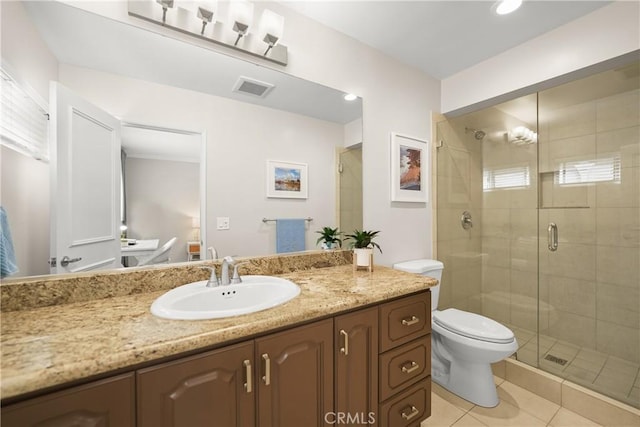 full bath with a stall shower, visible vents, toilet, tile patterned floors, and vanity