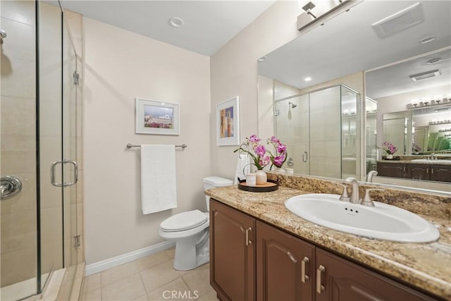 bathroom featuring visible vents, toilet, a shower stall, baseboards, and tile patterned floors