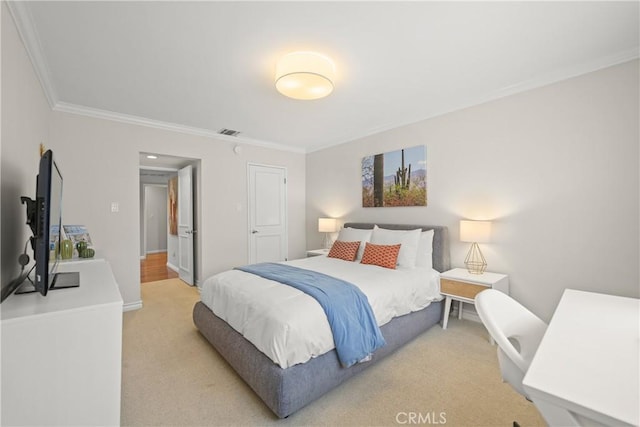 bedroom featuring baseboards, carpet, visible vents, and crown molding