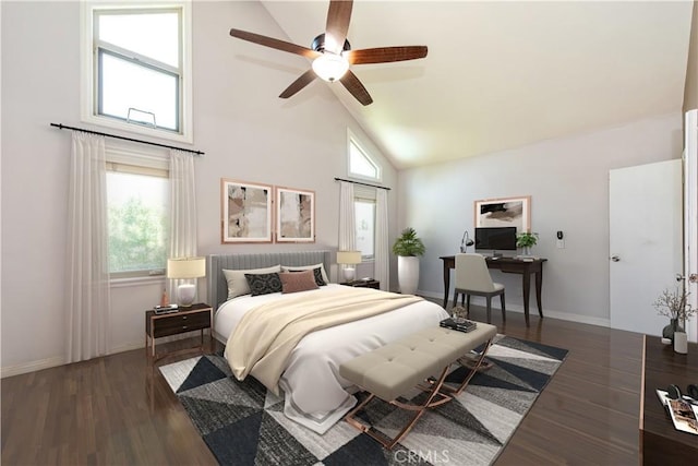 bedroom featuring high vaulted ceiling, multiple windows, and wood finished floors