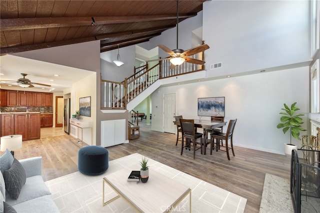 living area with light wood-type flooring, wooden ceiling, and visible vents