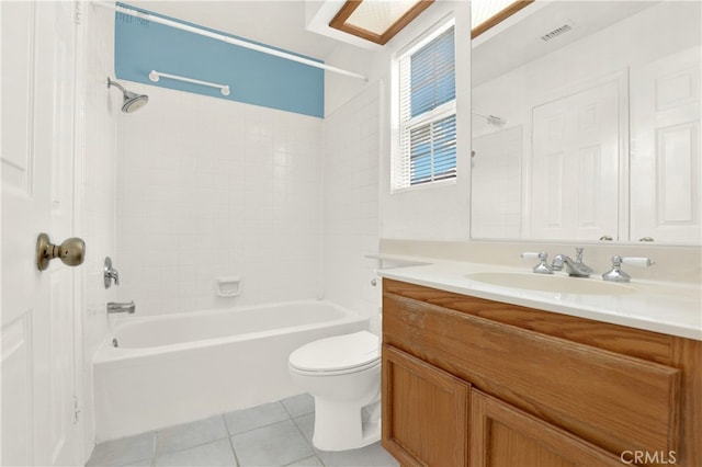 full bath featuring bathtub / shower combination, tile patterned floors, toilet, vanity, and visible vents