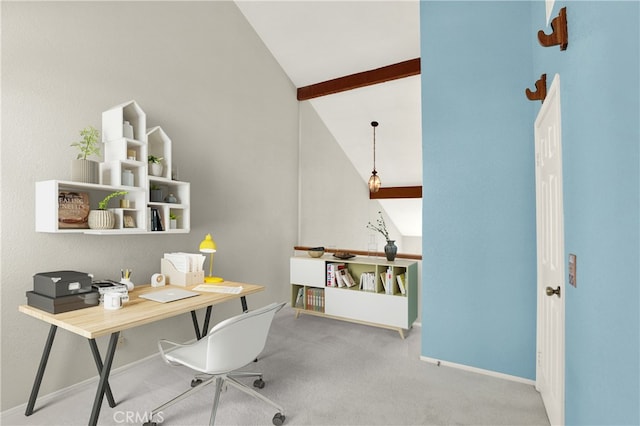 carpeted office featuring vaulted ceiling with beams and baseboards