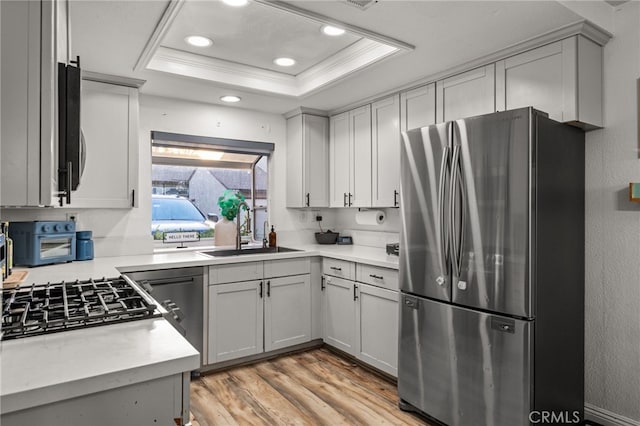 kitchen featuring a tray ceiling, light wood finished floors, light countertops, appliances with stainless steel finishes, and a sink