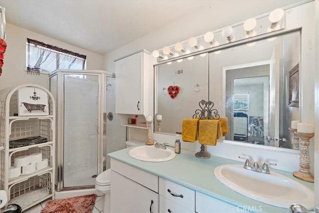 bathroom featuring double vanity, visible vents, a stall shower, and a sink