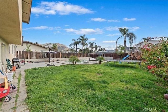 view of yard featuring a patio area, a mountain view, and a fenced backyard