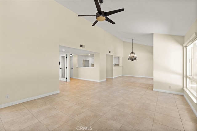 unfurnished room with light tile patterned floors, baseboards, visible vents, and ceiling fan with notable chandelier