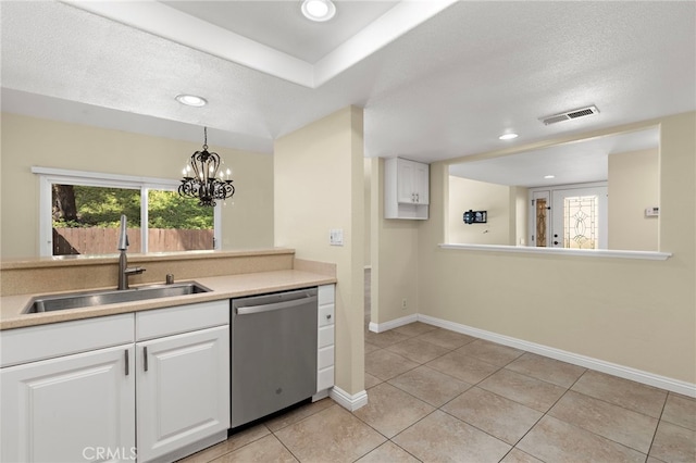 kitchen featuring visible vents, a sink, stainless steel dishwasher, and white cabinetry