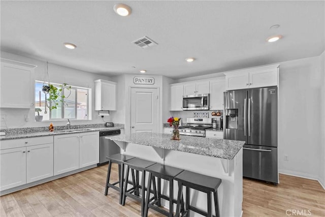 kitchen with a breakfast bar area, stainless steel appliances, a sink, visible vents, and white cabinetry