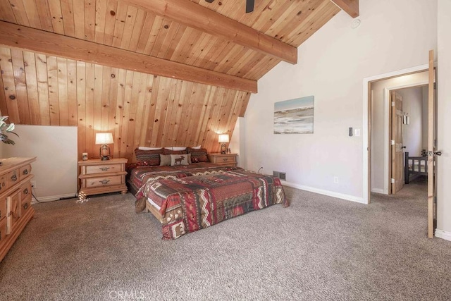 bedroom with carpet floors, visible vents, wood ceiling, baseboards, and beamed ceiling