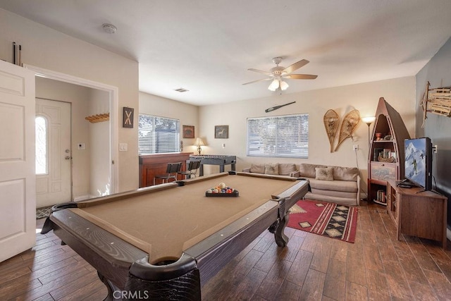 game room with ceiling fan, dark wood-type flooring, billiards, and visible vents