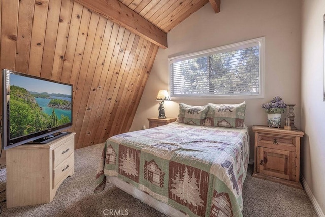 carpeted bedroom featuring lofted ceiling with beams and wooden ceiling