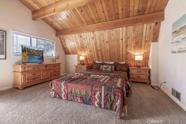 bedroom with carpet floors, visible vents, lofted ceiling with beams, wooden ceiling, and baseboards