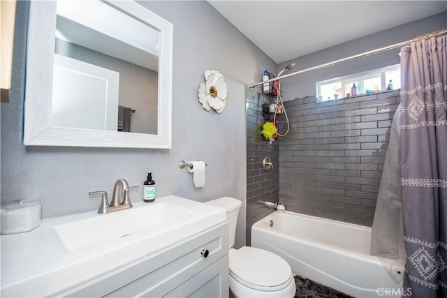 full bathroom with shower / bathtub combination with curtain, toilet, and vanity